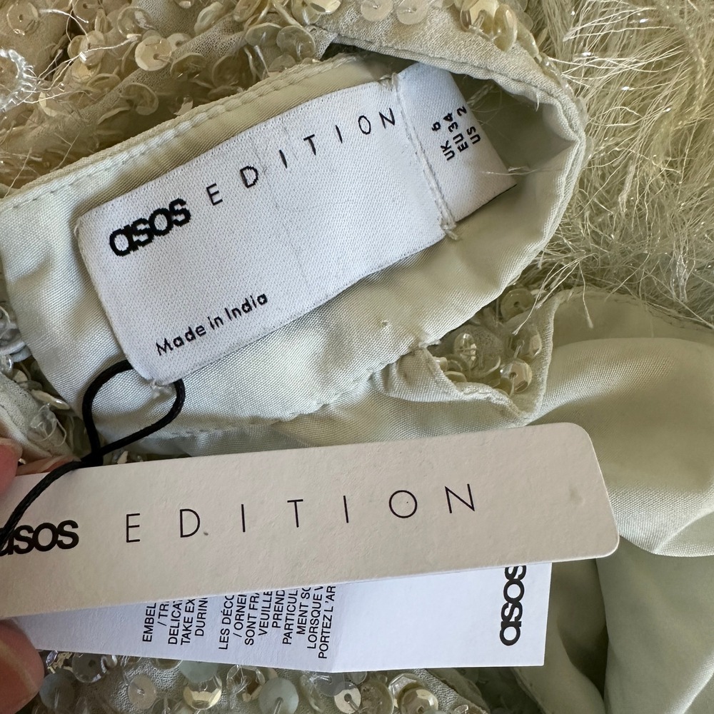 NWT ASOS EDITION Sequin Halter Mini Dress with Faux Feather Hem Party US 2 - Picture 9 of 11